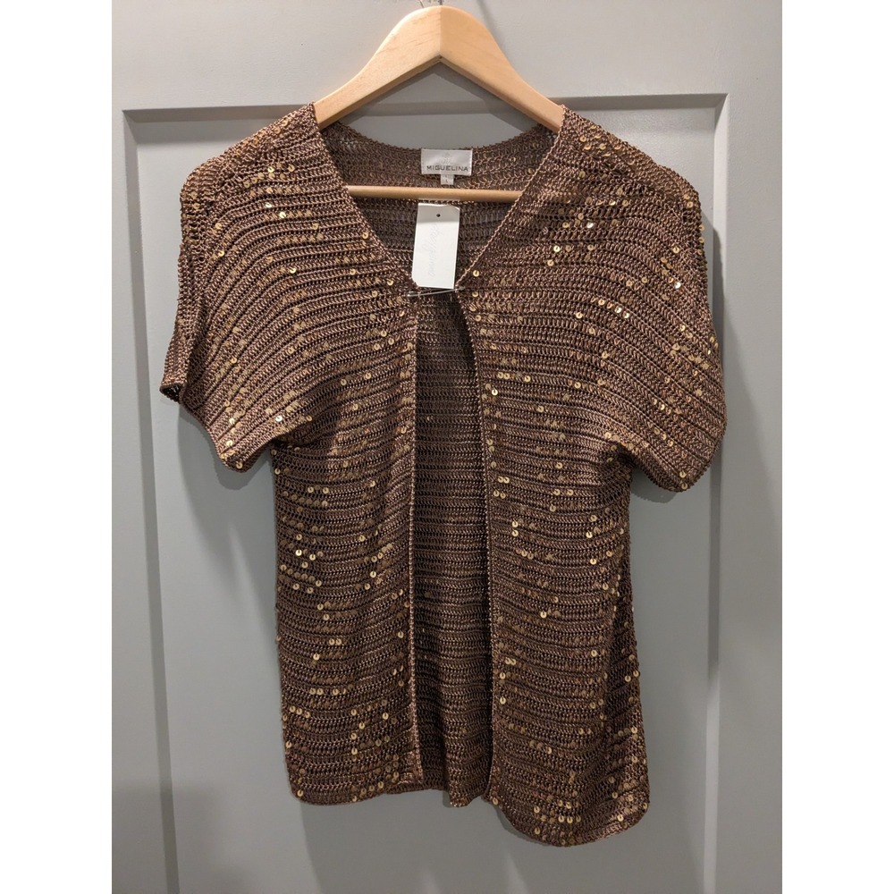 NWT $215 Miguelina Stacy Gemma Loris Sable Sequin Knit Cover Up Cardigan